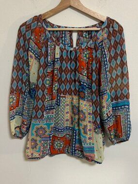 Boho-Style Multicolor Patchwork Blouse Flowy Puffy Sleeve Sz Med Olive Hill EUC